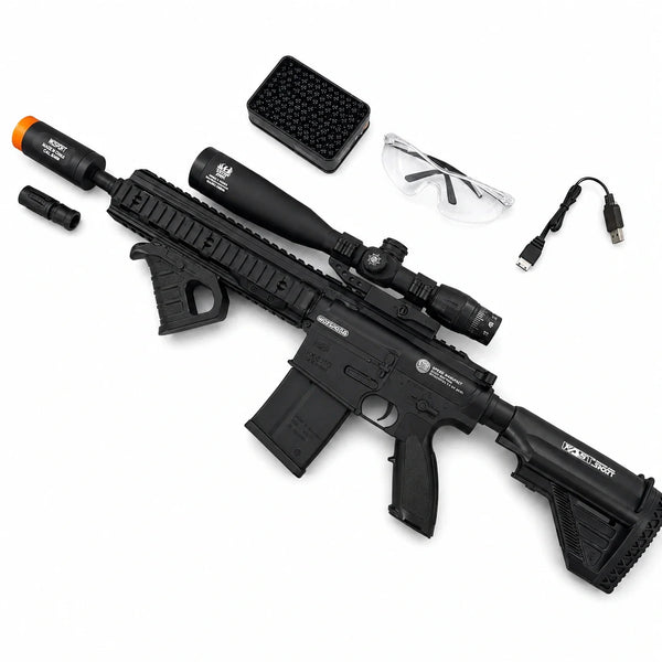 Exquisite Engraving HK417 Gel Blaster High Rate of Fire  Smooth Shooting With 7 Colors of Lighted Silencer